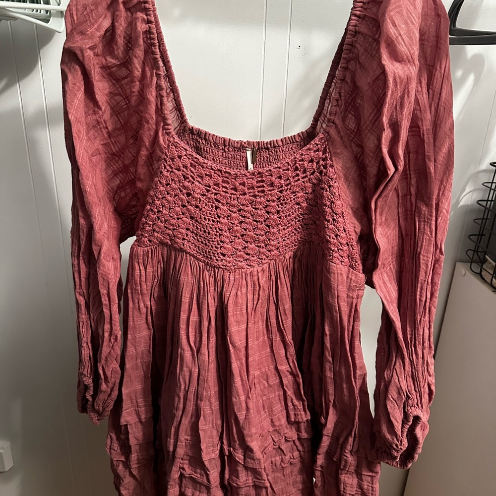 Free People Fuchsia Textured Smocked Long-Sleeve Mini Dress